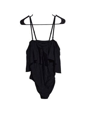 Holipick Black Ruffled One Piece Swimsuit Size XL Padded Built in Bra Adjustable